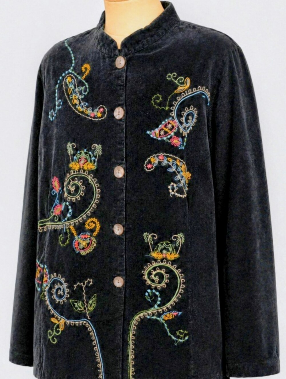 White Stag Corduroy Jacket Women 14W Black Paisley Embroidered Boho Button Up